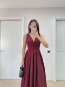 V Yaka Uzun Kolsuz Elbise- Bordo resmi